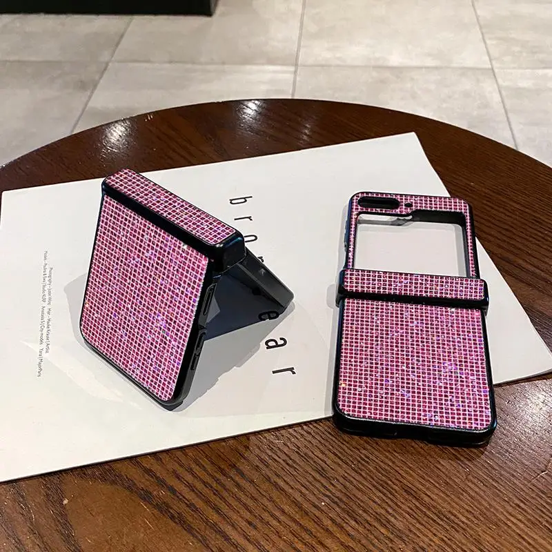 Modische, niedliche, funkelnde, rosafarbene Gitter-Glitzer-Leder-Handyhülle für Samsung Galaxy Z Flip 7, 6, 5, 4, 3, Flip6, Flip5, 3-teilig, glänzende Abdeckung