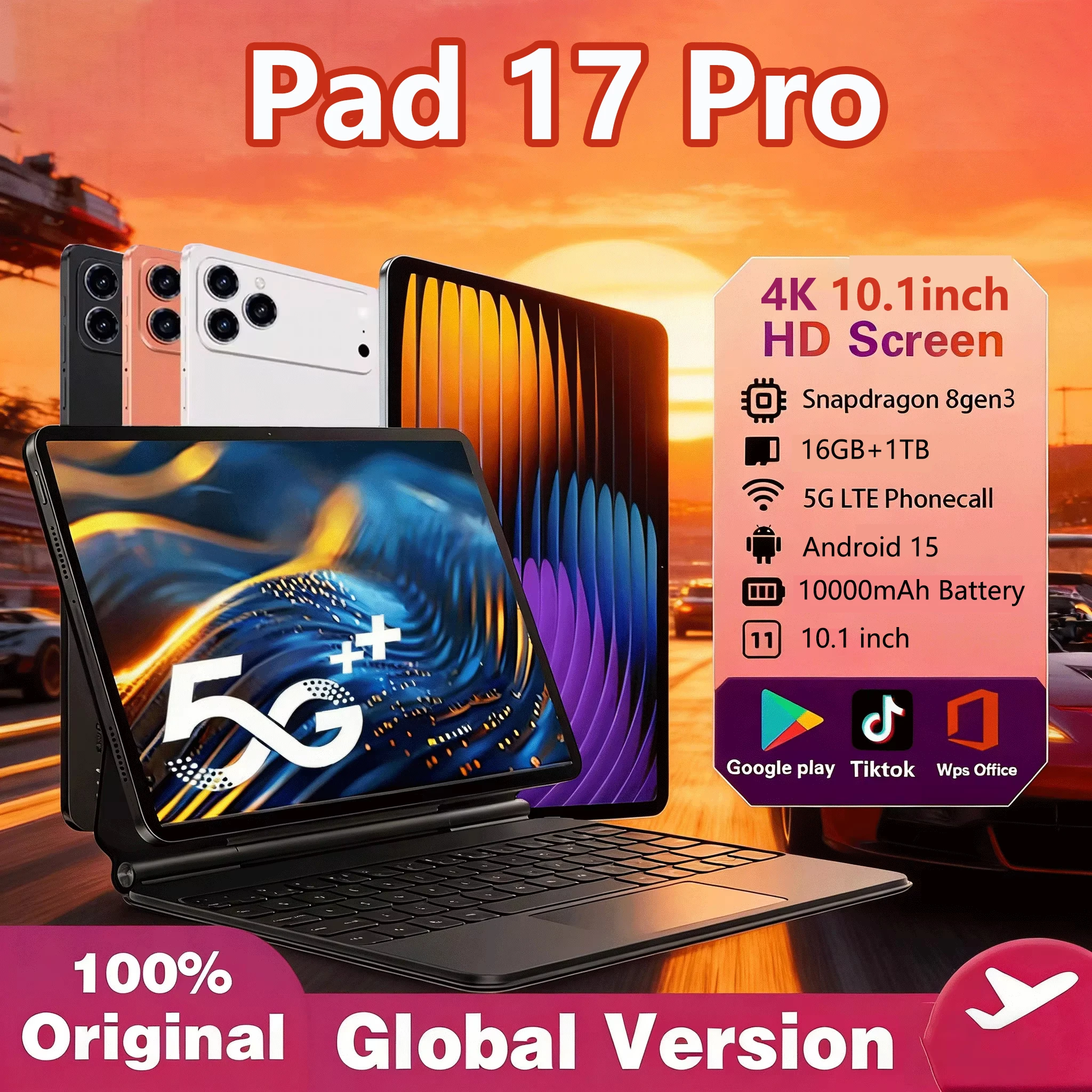

Новый планшет 2026 Global Original Pad 17 Pro, Snapdragon 8 Gen3, 10.1 дюйма, Android 15, 16 ГБ+1 ТБ, 10000 мАч, 5G, две SIM-карты, Wi-Fi, GPS