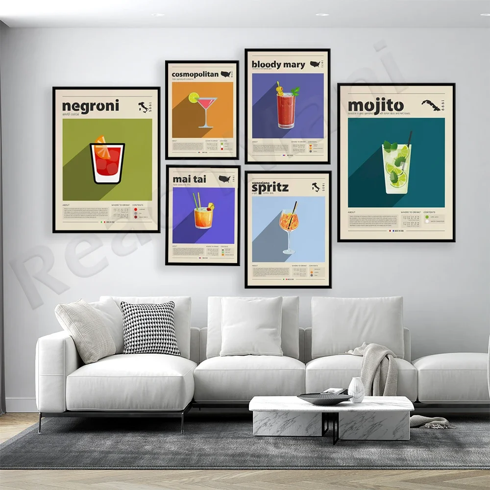 Cocktail Prints, Bloody Mary, Metropolis, Gin, Negroni, Mai Tai Poster Retro Poster, Housewarming Gift, Kitchen Decoration