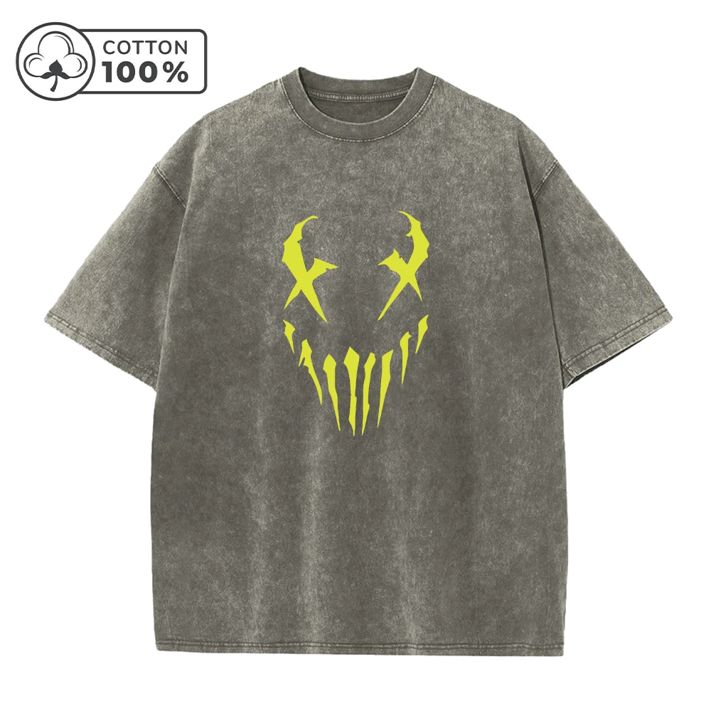 Men's Fangs And Smiley Face Printed Washed T-Shirt Fashionable Pure Cotton Round Neck Short Sleeve Suitable For Everyday Commute