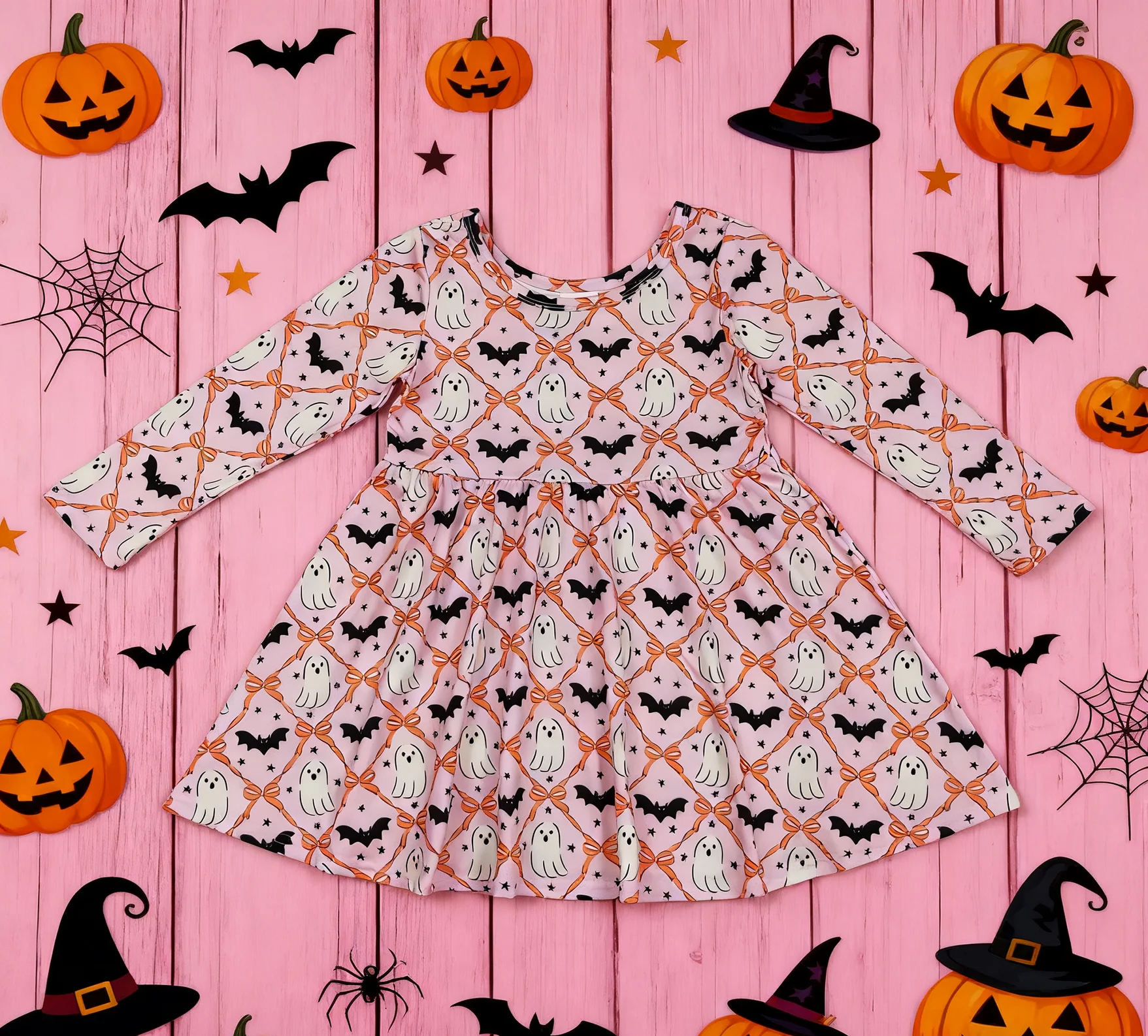 

Z915-17 GLD1232 Wholesale Baby Girl Clothes Pumpkin Print Long Sleeve Dress Kids Halloween Clothing