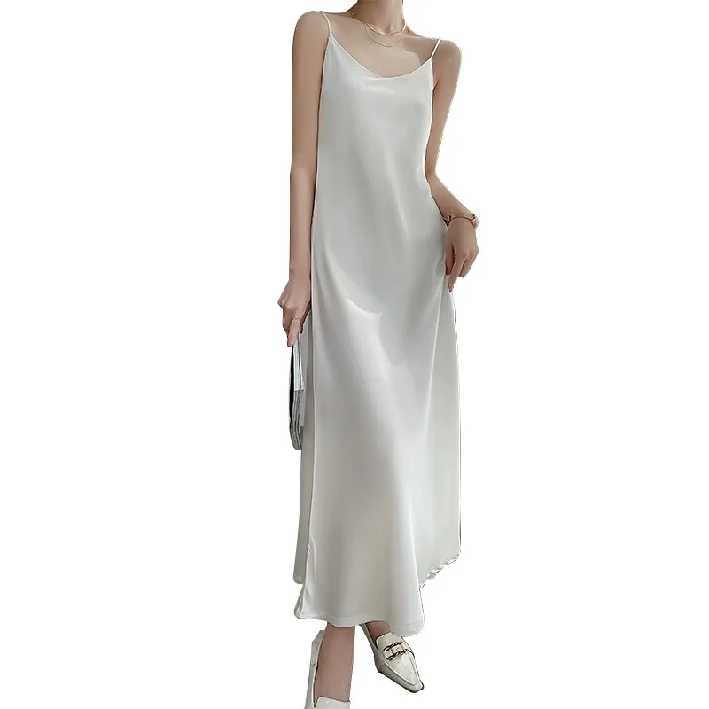 실크 새틴 롱 드레스 여성 여름 이너웨어 베이스 컬러 신상 슬레 하이웨이스트 버튼업 A라인 스커트 한국 버전