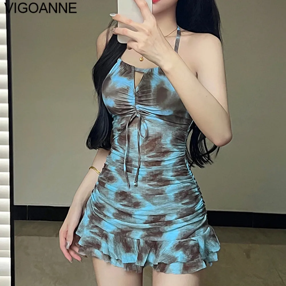 VigoAnne Print Verge Closed Dress Swimwear Women 2024 Tied Halter Push Up One Piece Swimsuit Korean Backless Summer Bathing Suit