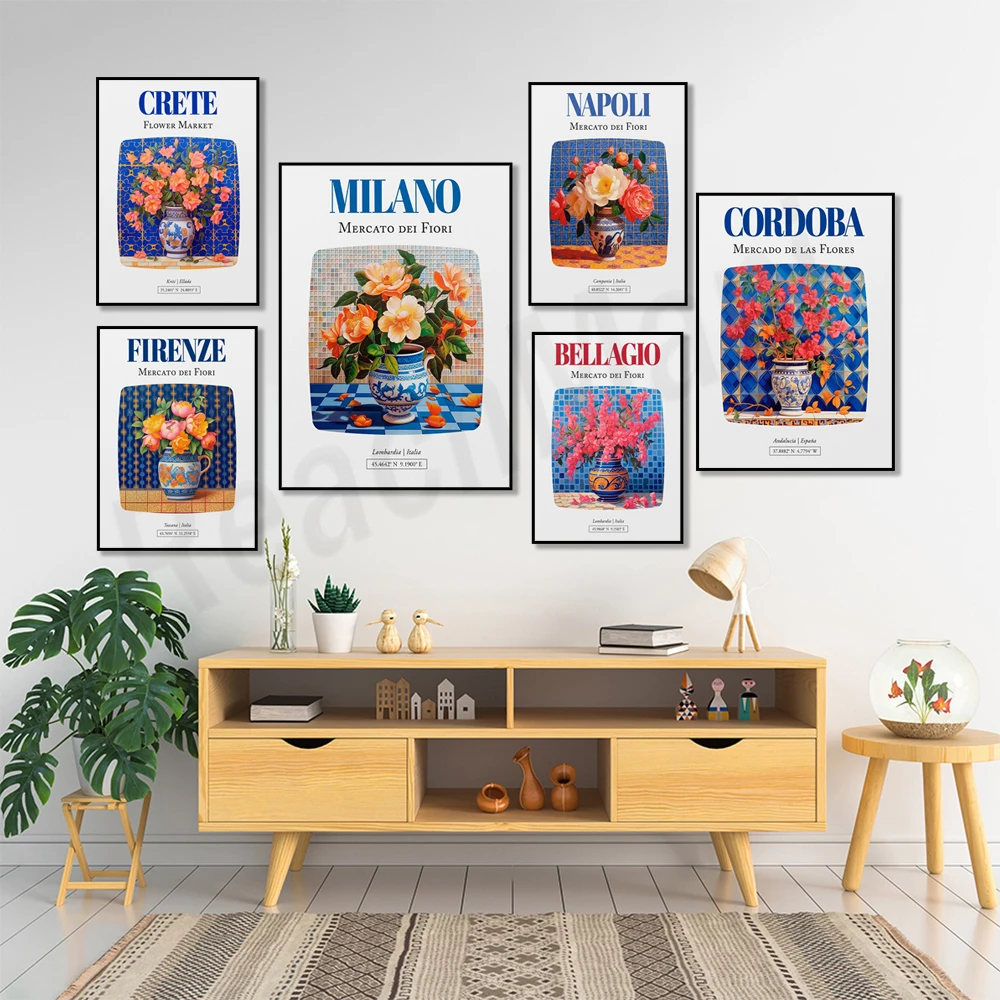 Naples, Italy, Balearic Islands, Spain, Zakynthos, Thessaloniki, Mercato dei Fiori, Maiolica Poster with camellia bouquet in vas