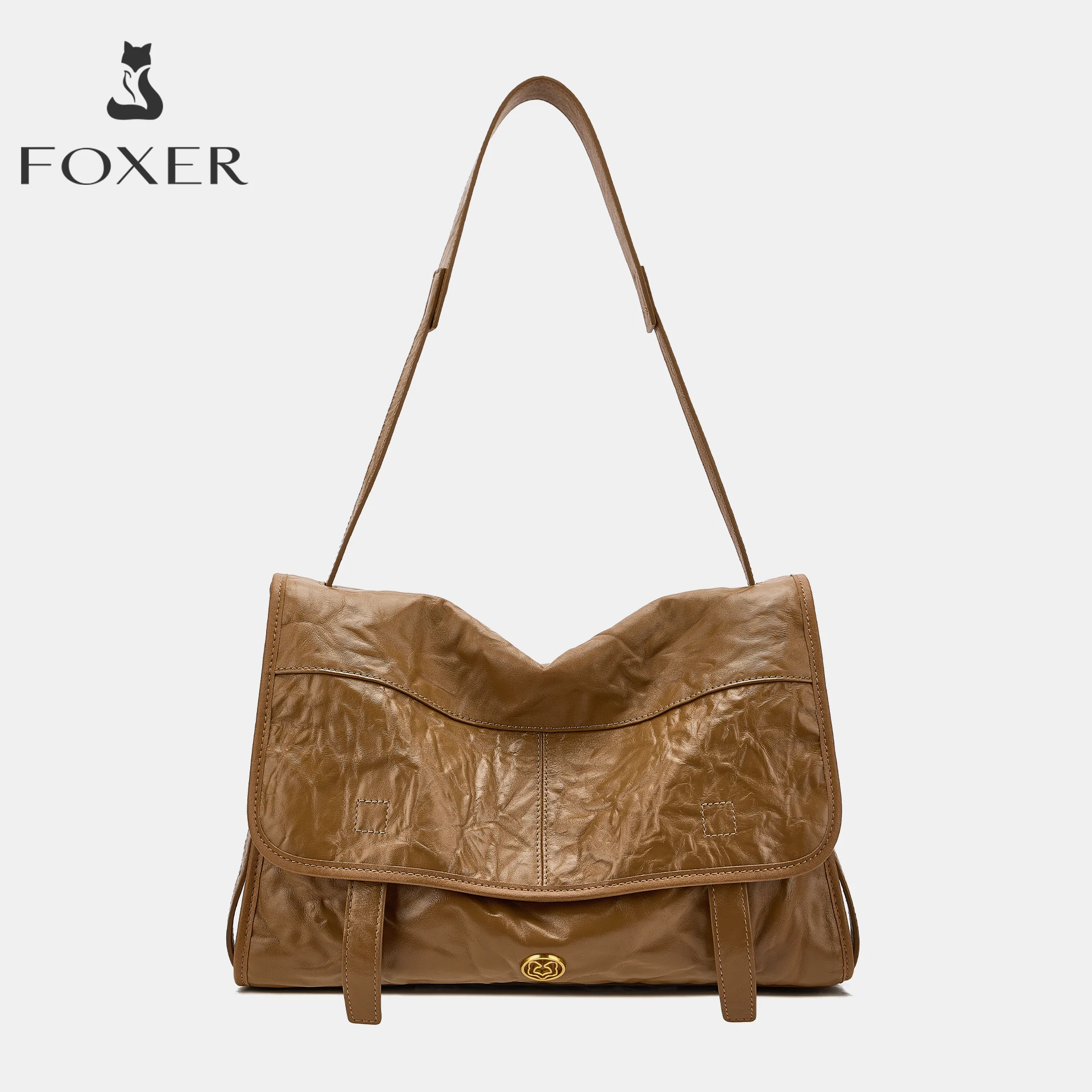 FOXER Genuine Cowhide Leather Women's Shoulder Bag Adjustable Strap Female Crossbody Bag Lady Large Capacity Underarm Flap Bag
