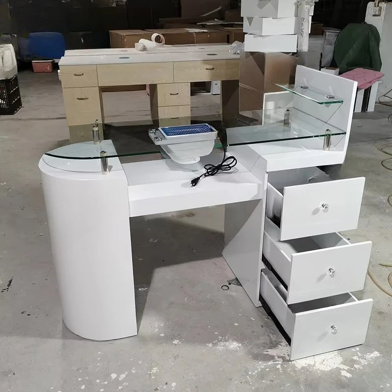 Маникюрный стол со стеклянной столешницей Деревянный современный стол для ногтей с пылесборником