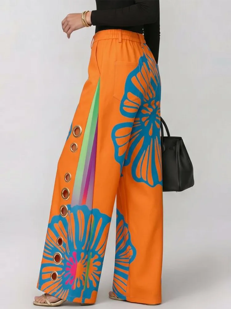 Yeezzi Women High Waist Wide Leg Pants Blue Floral Printed Metal Eyelet Cutout  Loose Full Length Casual Streetwear Trousers