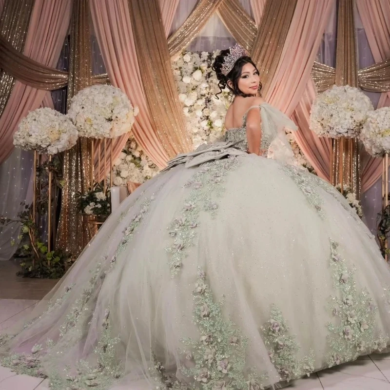 

Sparkly Light Green Quinceanera Dresses Applique Lace Beaded Sweet 16 Ball Gown Tulle Off Shoulder Prom Gown Vestidos 15 De XV