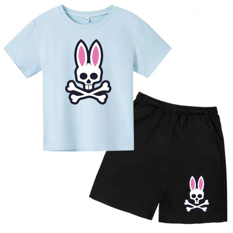 Kids Short Sleeved T-shirt Skull Rabbit Boys Girls Toddler 3-12Y Charming Top+shorts 2P Cute Clothes Sports Jogging Leisure Set