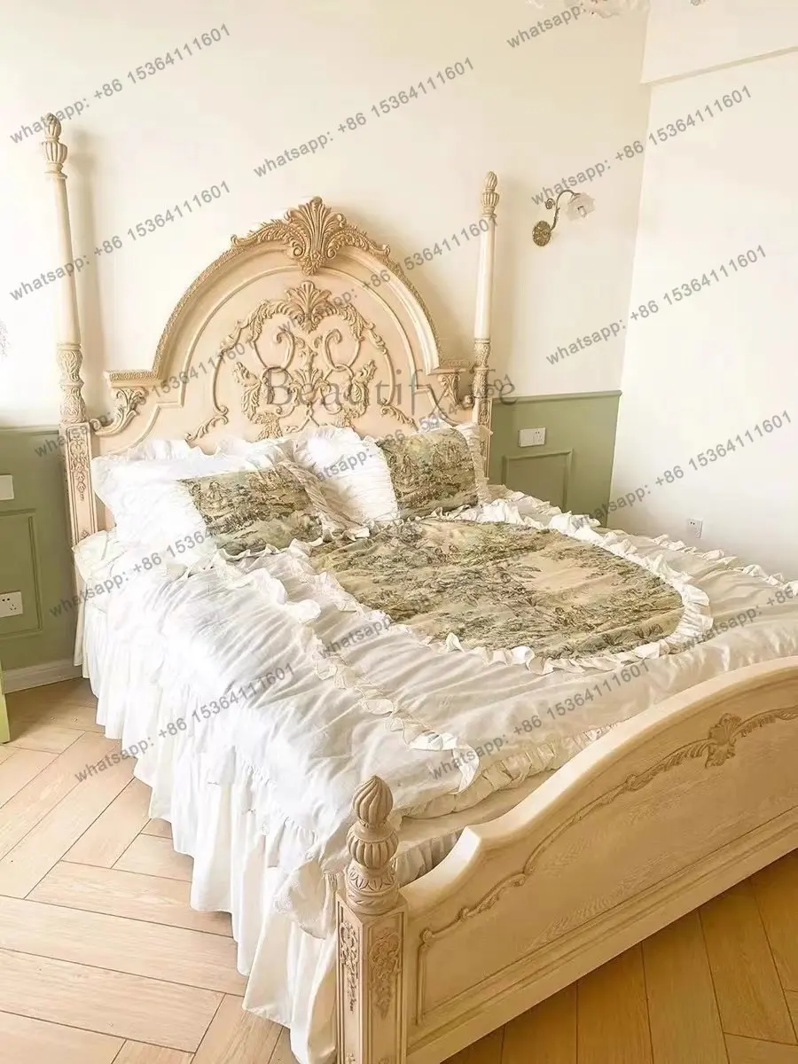 French American solid wood oak retro bed old double carved small apartment princess bed