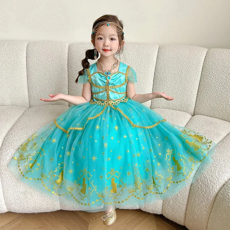 WU01 Jasmine Dress Girl Live Action Movie Aladdin Princess Cosplay Costume Deluxe Lace Sequin Fluffy Gown Kids Birthday ParJk5*！