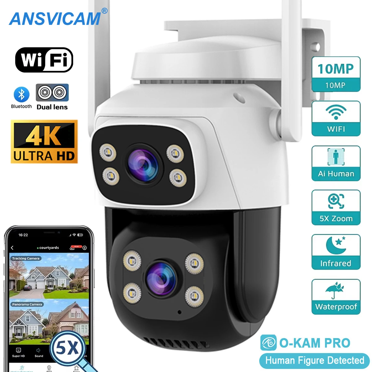 

Уличная IP-камера O-Kam Pro 5K 10 МП с Wi-Fi, двумя экранами, PTZ, ИИ-обнаружением человека, аудиосигнализацией и видеонаблюдением