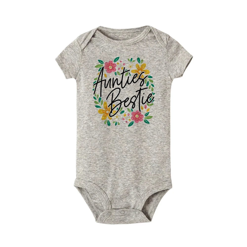 Summer Newborn Infant Baby Clothes Wreath Aunties Bestie Cute Toddler Jumpsuits Boys Girls Short Sleeve Funny Bodysuits Outfits