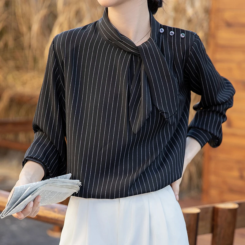 

Офисная женская элегантная полосатая черно-белая рубашка с длинным рукавом, воротником-стойкой и пуговицами, блузка с бантом, свободные повседневные топы, женские S-XL