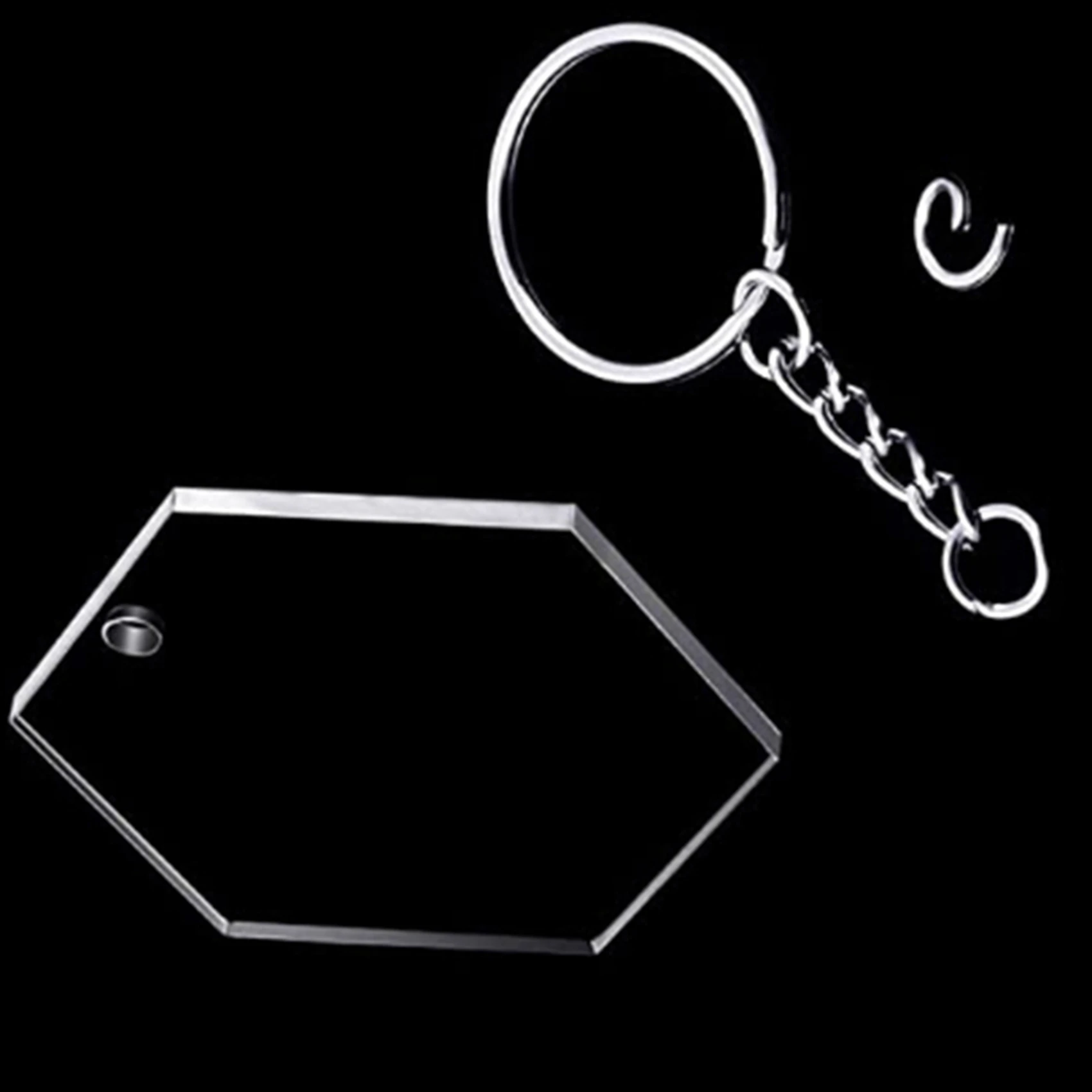 ABFU-288Pcs Acrylic Transparent Discs Hexagon Keychain Blanks Charms And Tassel Pendants Keyring With Chain For DIY Crafts
