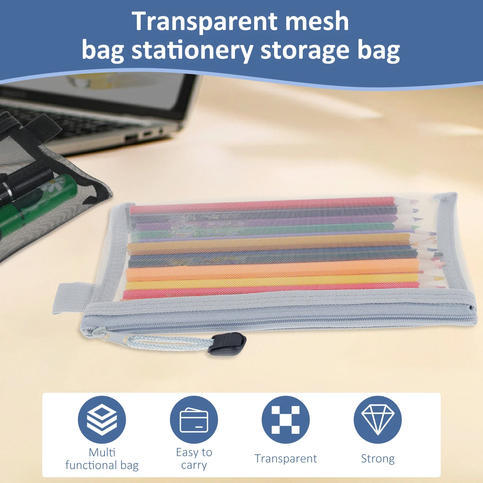 6Pcs Clear Mesh Pencil Pouches Nylon Portable Document File Bag with Zipper 3 Colors Lightweight Stationery Organizer for School