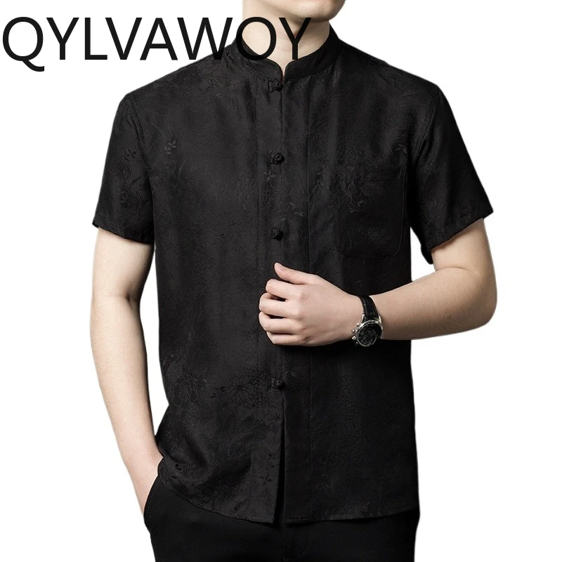 

QYLVAWOY 100% Mulberry Silk Men's Shirts Luxury Man Clothing Shirts for Man Short Sleeve Summer Tops Shirt Chinese Style Camisa