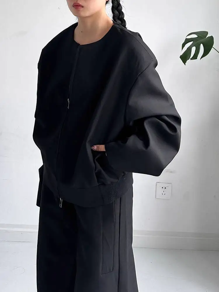 HUISONG Korean Minimalist Collarless Blazer Versatile Short Jacket Cardigan Double-Zip Loose Casual Top Fashion Spring Autumn