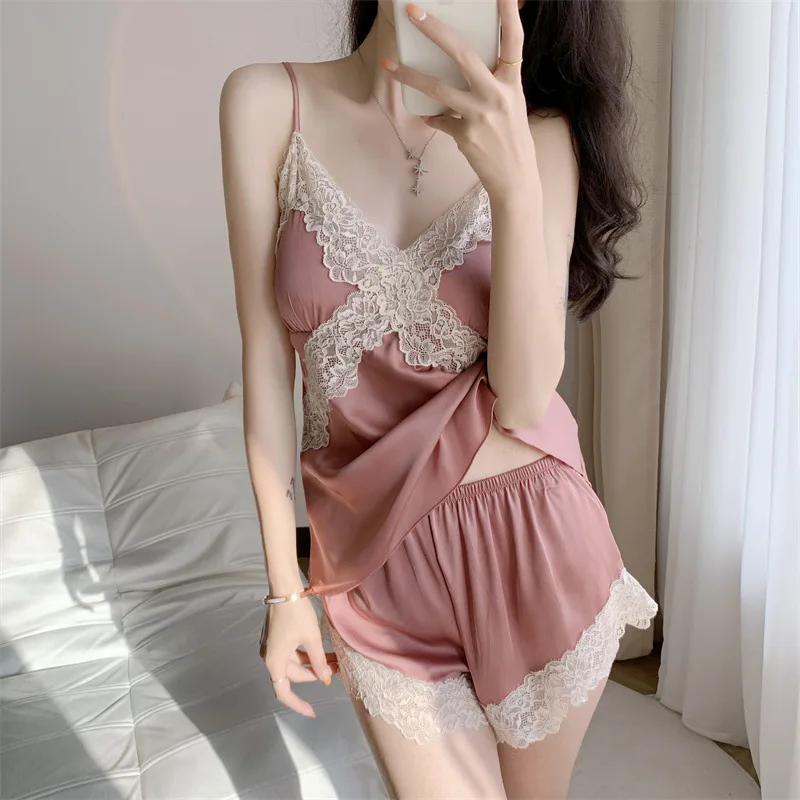Damen Sexy Satin Pyjama Set Spitzenbesatz Cami Top Shorts Lingerie Nachtwäsche Seidig Schwarz Creme V-Ausschnitt Spaghetti-Träger Zweiteiliges Set – Detail 8