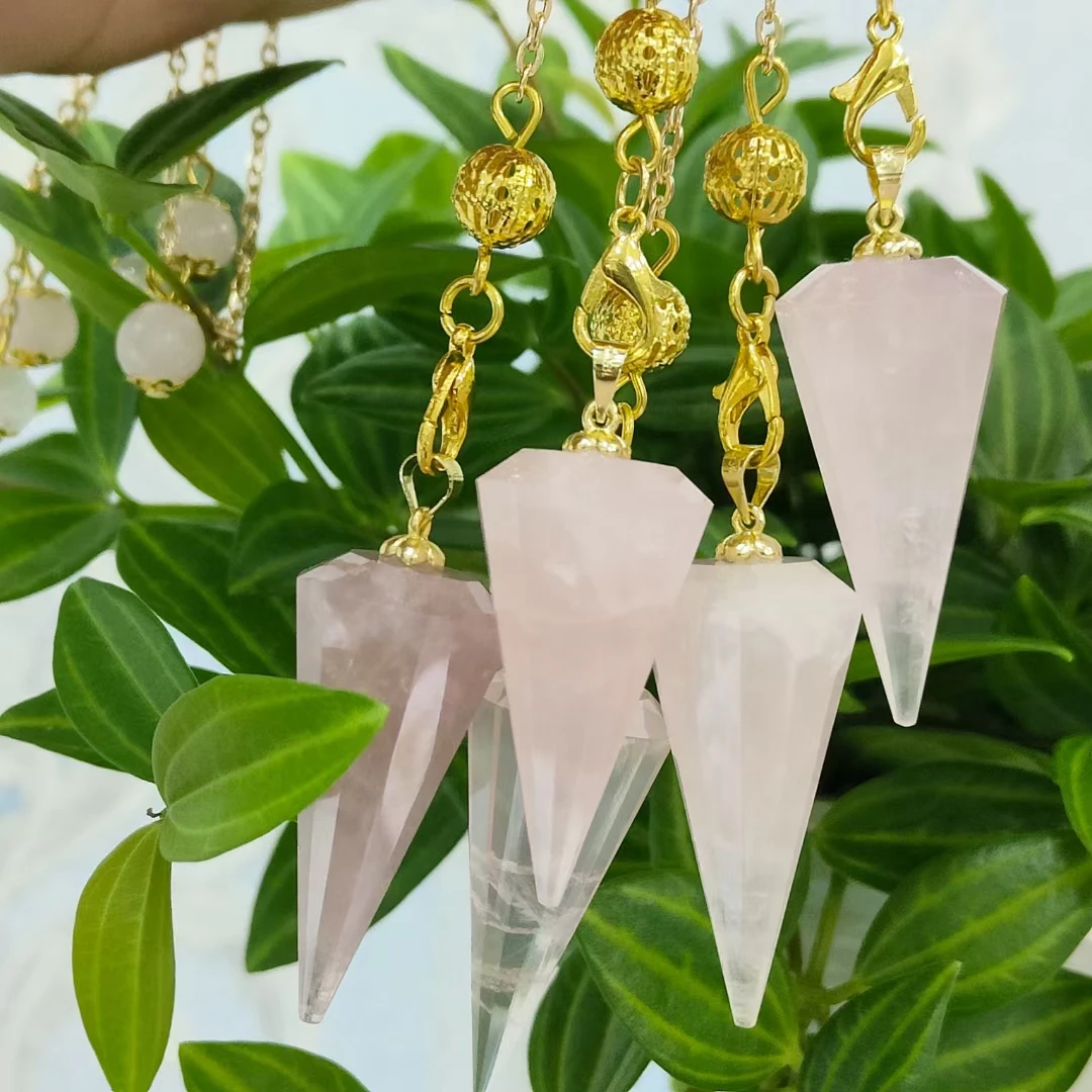 Colgante de péndulo de Reiki de pirámide hexagonal de piedra de cristal Rosa Natural de alta calidad, amuleto de Chakra, joyería europea de moda