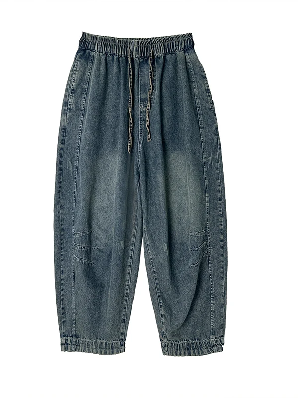 High-End Women's Vintage Waed Cotton Denim Pants Summer Loose Harem Carrot Pants High Waist Nine Points Casual Trousers