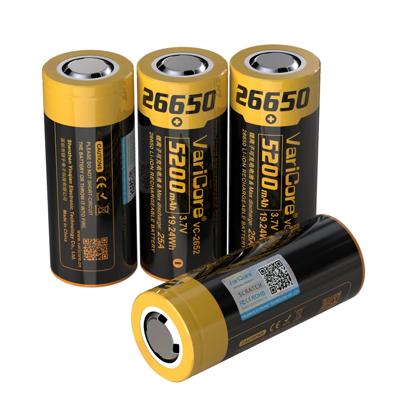 VariCore 26650 5200mAh VC2650 リチウムイオン 3.7v 充電式バッテリー 25A 放電 3.6V 懐中電灯ヘッドライト電源電池用