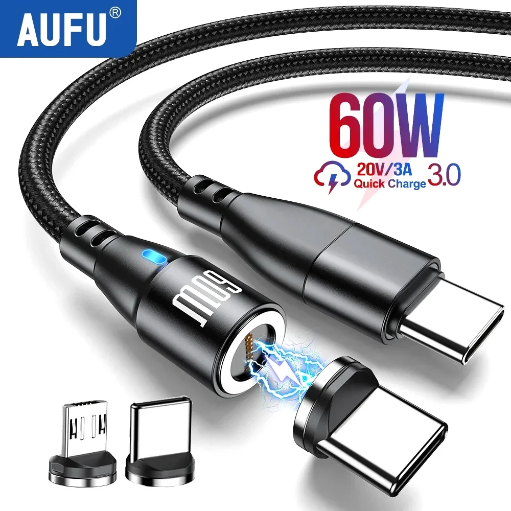AUFU 540 Rotate 60W Fast Charging Magnetic USB Type C Cable For Macbook Xiaomi Samsung Micro Magnet Charger Phone Data Wire Cord