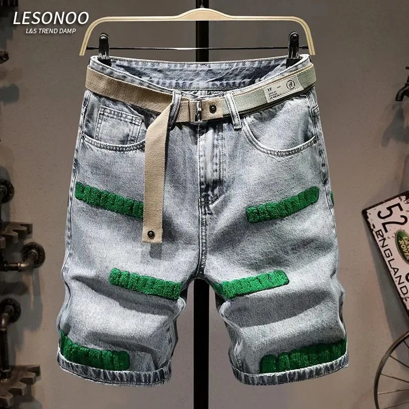 Tendência da moda verão impresso perna reta estiramento jeans masculino casual solto confortável retro esportes shorts de alta qualidade