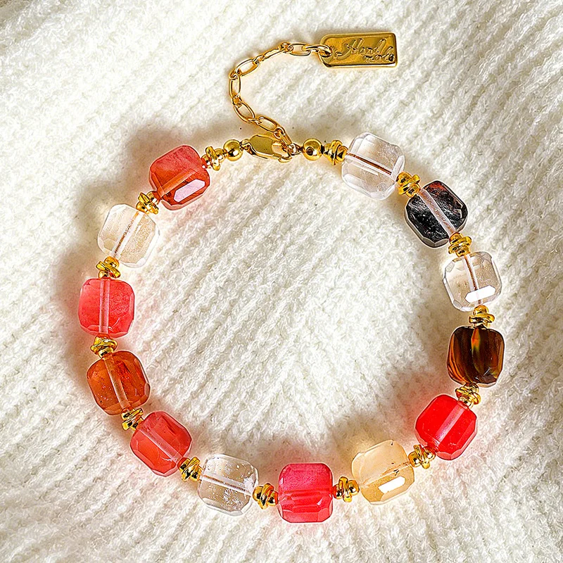 Watermelon Red Sugar Cube Agate Bracelet Necklace for Women, Freshwater Pearl & Crystal Beaded Jewelry, Light Luxury 2-in-1