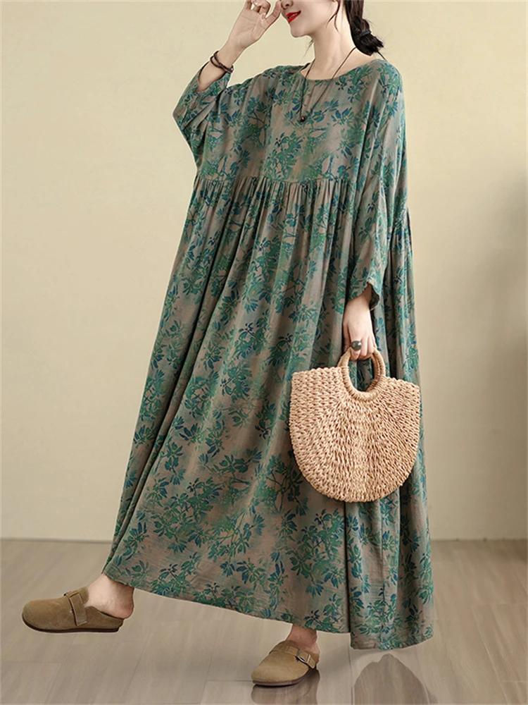 Oversize 코튼 빈티지 캐주얼 루즈 그린 프린트 꽃 드레스 여성용 긴 소매 드레스 Femme Robe Vestidos 우아한 의류