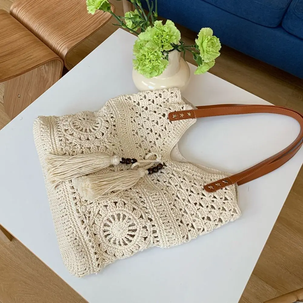 

Портативная сумка-тоут в богемном стиле, большая вместимость, ажурная, плетеная, в этническом стиле, вязаная сумка для девочек