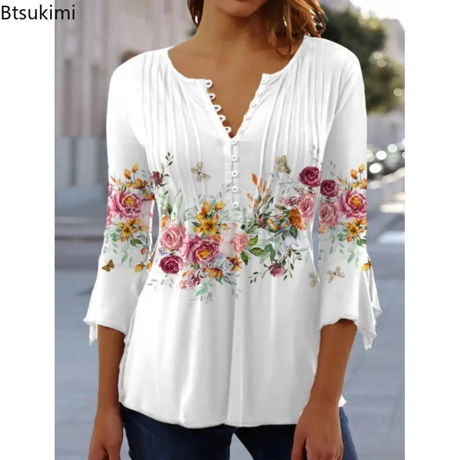 

Plus Size 4XL 5XL Women's Casual Oversized Shirts Flower Print Soft V-Neck Pleated Button T-shirt Tops Tees Female Casual Tops