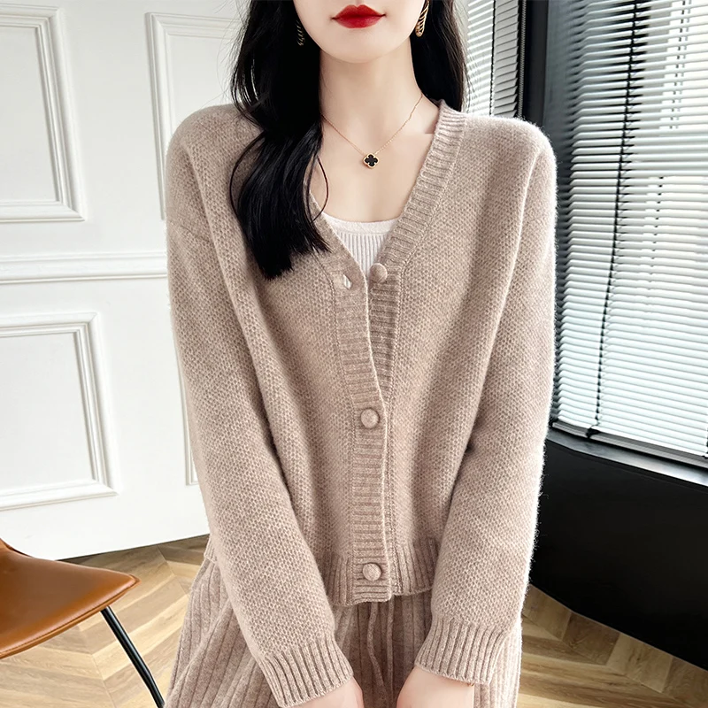 Free Shipping 100% Wool Knitted V-neck Winter Cardigans Cashmere Sweaters Women  Soft High Quality Ladies Jumpers Clothes 2024