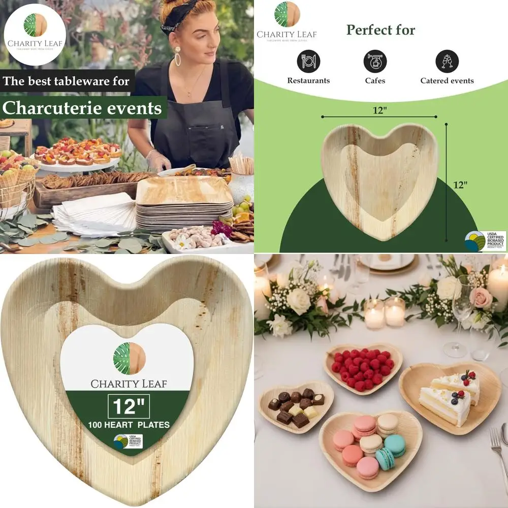 

Eco-Friendly 12 Heart-Shaped Palm Leaf Plates, 100 Pack, Ideal for Valentine's, Weddings, and Catered Events