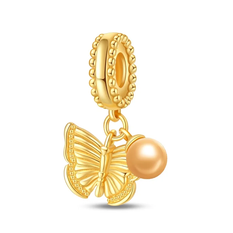 925 Sterling Silver Classic Golden Butterfly Charms Pendant Fit Original Bracelet DIY Women Engagement Jewelry Gift