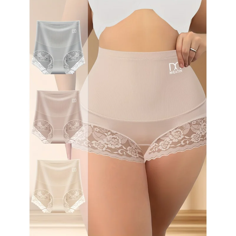 

3 шт./компл. женские треугольные кружевные трусики с высокой талией для контроля живота, однотонные удобные дышащие эластичные трусики нижнего белья
