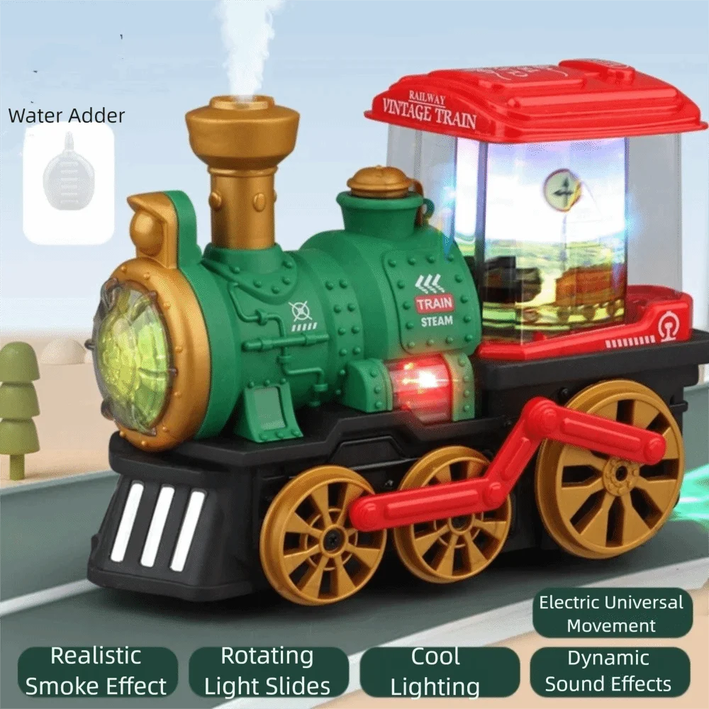 Linda locomotora Vintage, tren de vapor eléctrico, simulación de luces giratorias de vapor, tren de carril con sonido educativo para niños