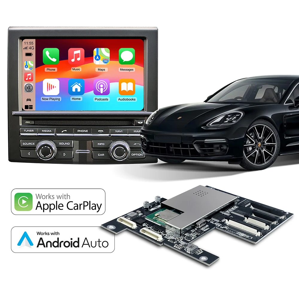 Wireless Carplay/Android Auto Retrofit Kit for Porsche Pcm3.1 Cayenne, Panamera, 911, Boxster Models, Includes a Decoder Box, Supports Carplay Interface, Mirror Display, Reversing Camera, and Steering Wheel Controls.