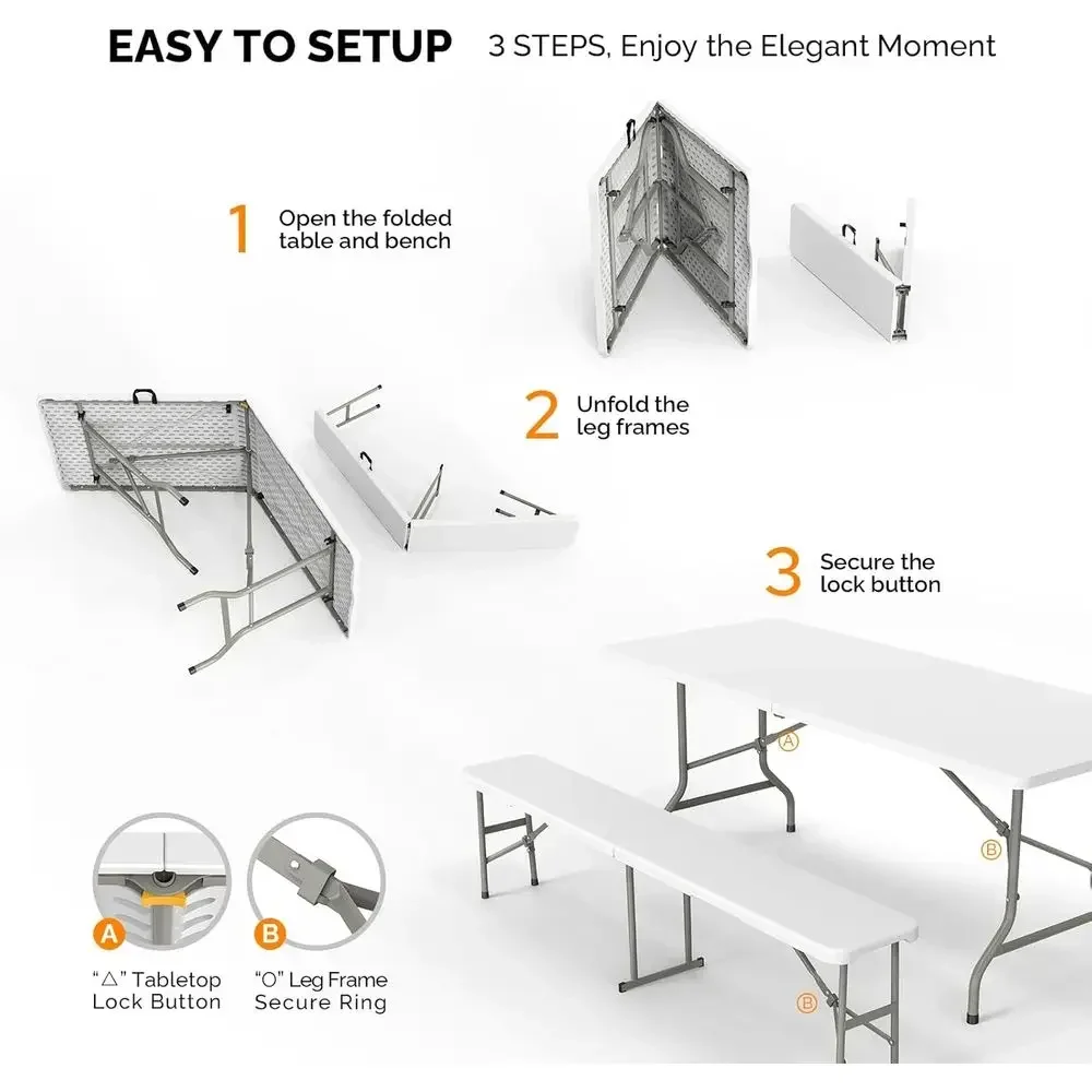 Outdoor Picnic Table Set with 2 Benches, 6-Seat Dining, 3-Piece Folding Furniture, White Smooth Tabletop