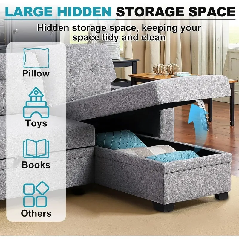 أريكة نوم على شكل حرف L مع كرسي تخزين، 53 سرير أريكة قابل للسحب لغرفة المعيشة، أريكة كتان مقطعية للشقق #3