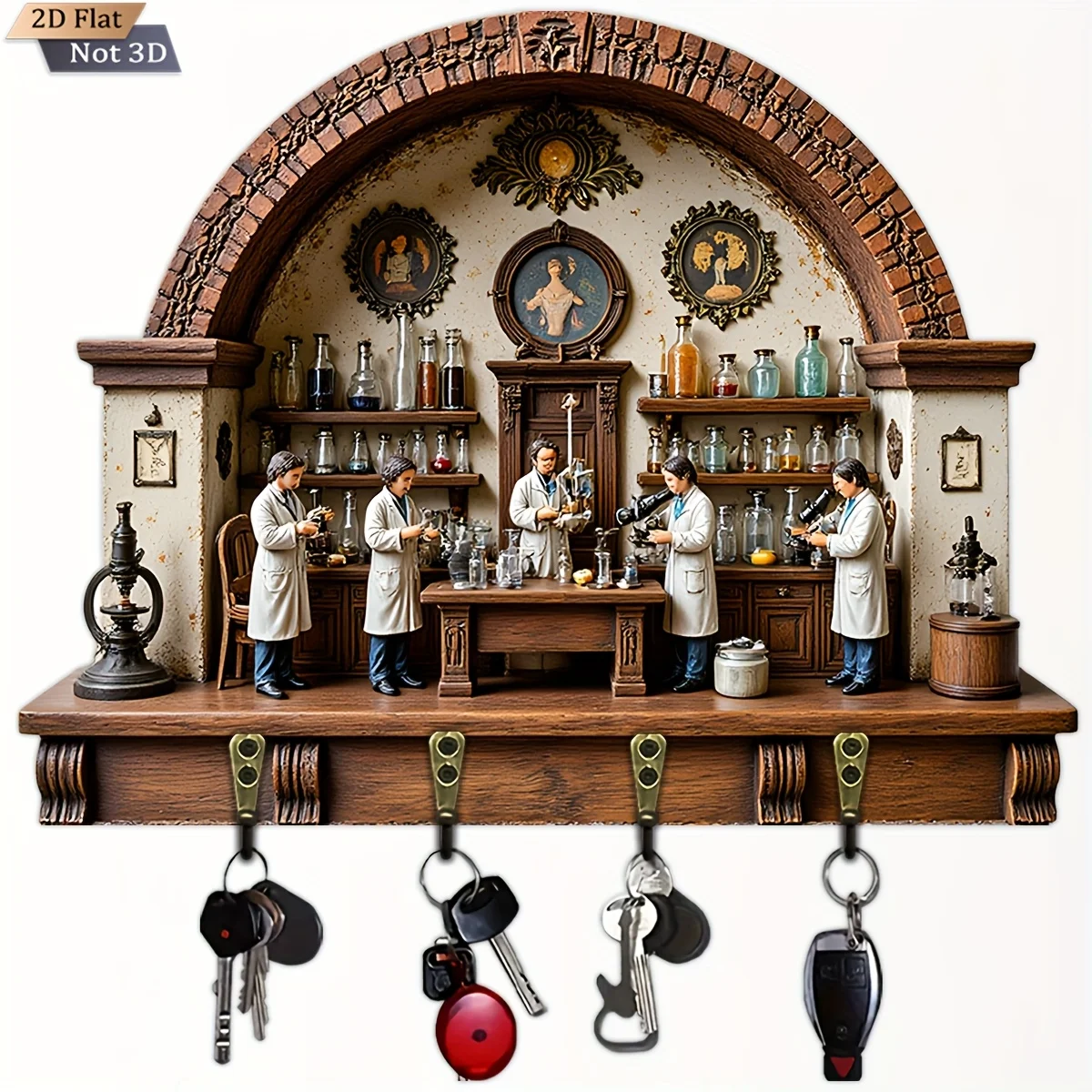 2D Flat, 1pc,  laboratory scene model wooden multi-functional home key holder, with four metal hooks, suitable for wall