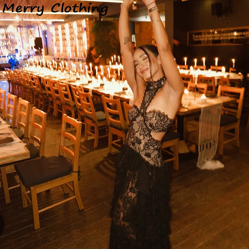مثير الدانتيل المرقعة فستان المرأة الجوف خارج أكمام نادي الحفلات تنورة طويلة انظر من خلال الرسن ثوب مسائي عطلة سيدة الجلباب