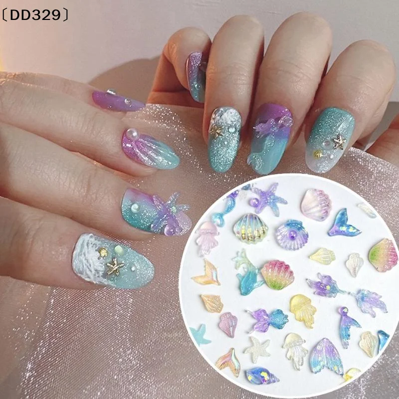 50PCS 3D Conch Shell Nail Charms Colorful Jellyfish Ocean Resin Translucent DIY Nail Art Decorations〔DD329〕