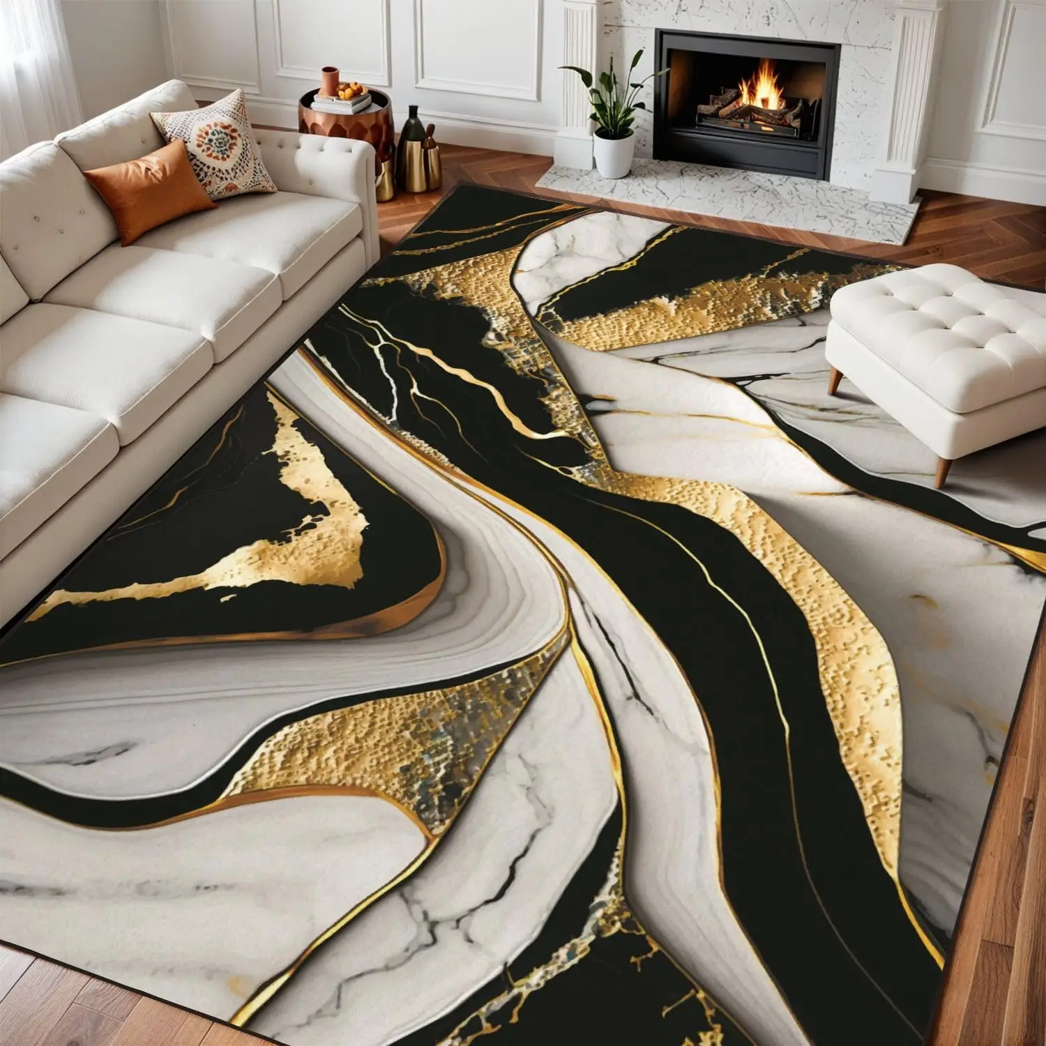 Rugs for Bedroom Black and White Gold Liquid 3D Abstract Marbled Golden Inlay Veins Lines Washable Rug for Living Room Carpet f