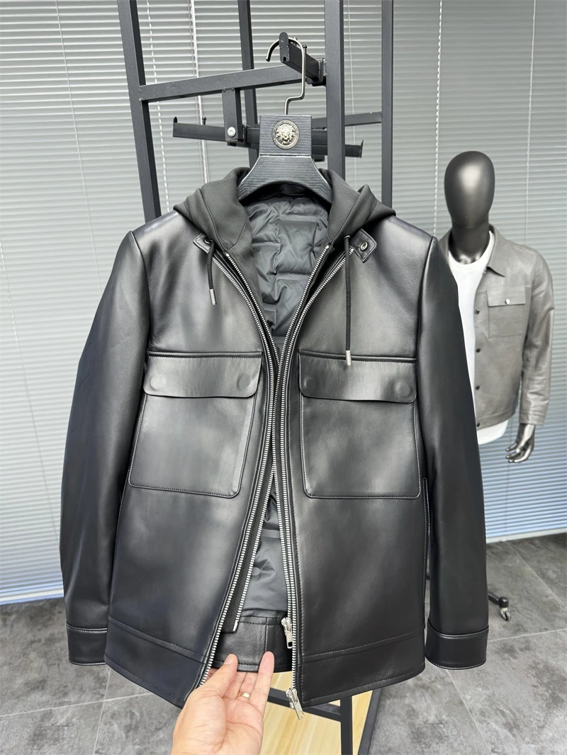 

Svip Роскошное повседневное мужское пуховое пальто со съемным капюшоном из натуральной кожи Jaet из овчины Faionable Urban Sle для молодых мужчин