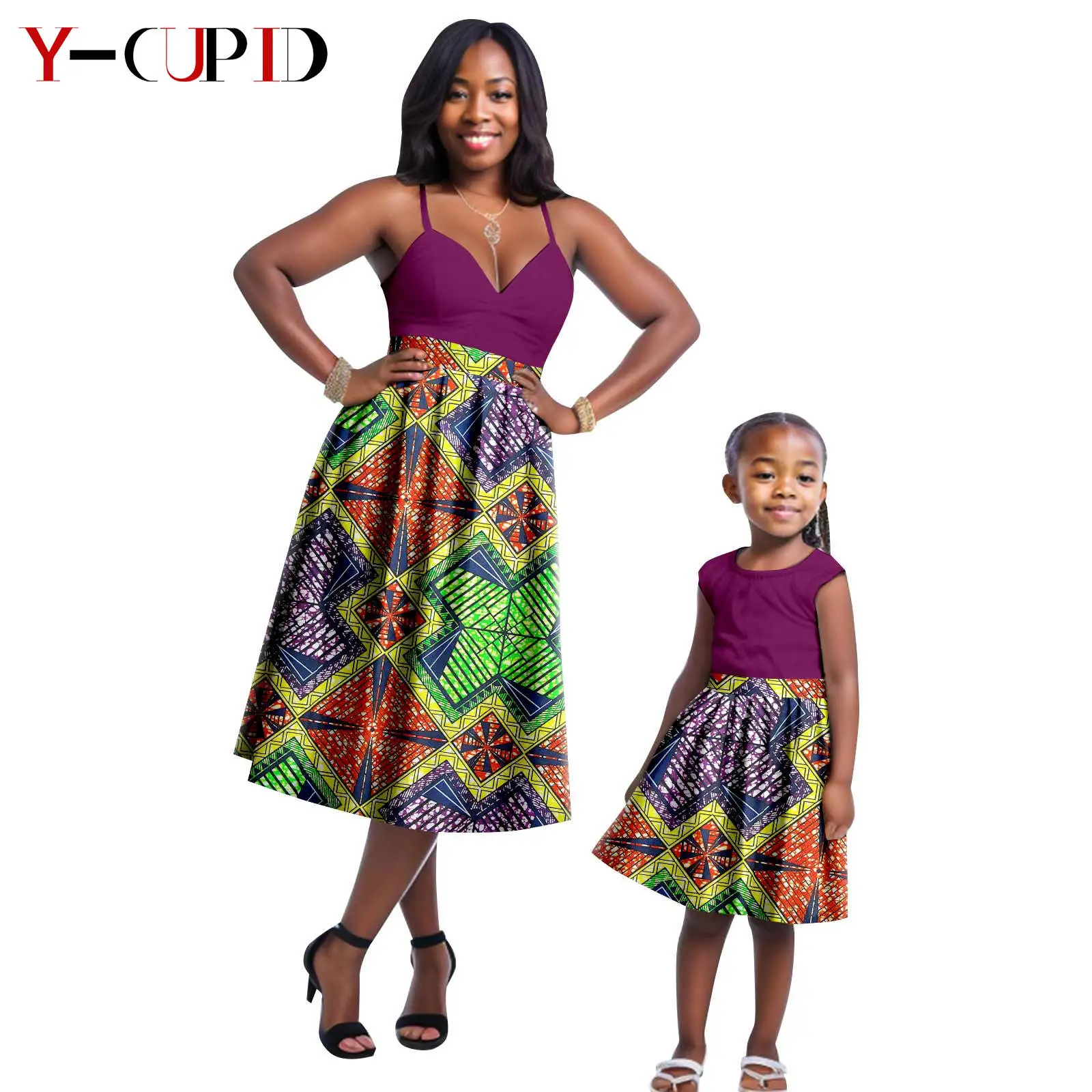 

African Sexy Print Dresses for Women Dashiki Mother and Daughter Outfits Bazin Riche Girls Patchwork Ankara Dresses 24F5001