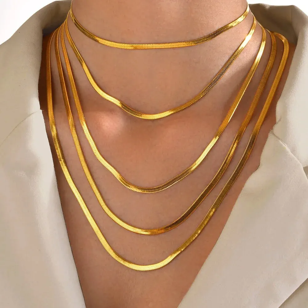 

Luxury 24K 9999 Pure Gold real gold Women's Blade Chain Trendy All-match Flat Snake Bone Chain Necklace