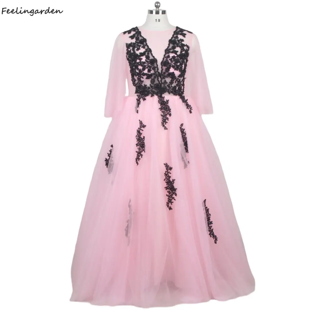 

Feelingarden Evening Dress O-Neck Pleat Half Sleeves Floor-Length Appliques Pink Plus size Party Formal Dresses Woman B1655