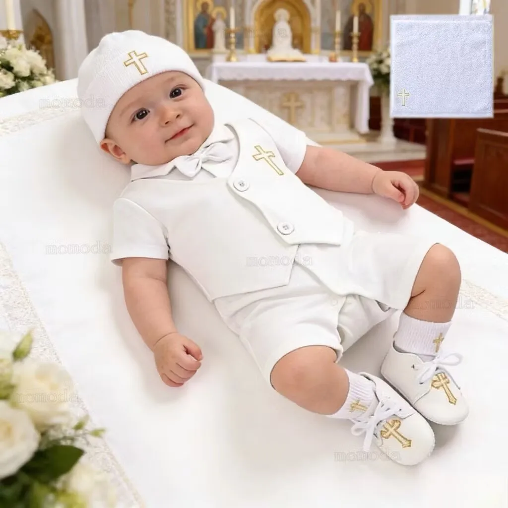 White shoes Christening Hat for Baby Boy Girl Church Cross Embroidery Newborn Baby Hat for socks