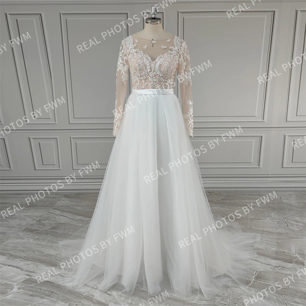 10927 # foto reali Boho Appliques pizzo a-line Tulle abito da sposa per le donne maniche lunghe Sweep Train abito da sposa su misura